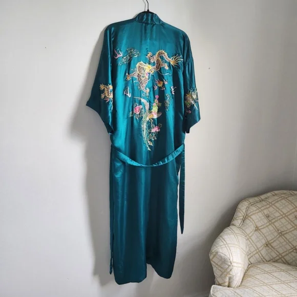 Vintage Silk Robe Phoenix Dragon Motif Teal Blue Medium